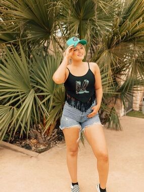 Fringed Graphic Cowgirl Crop Tank Top - Black